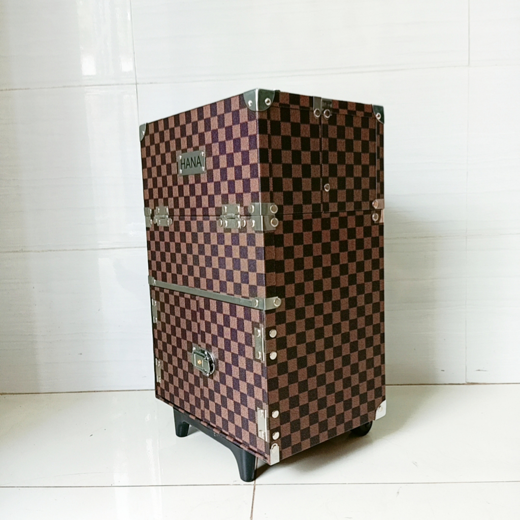 Cốp vali đa năng mini cao cấp The Rucy Hana bọc góc, viền cạnh inox size 30x22x44 cm màu nâu caro
