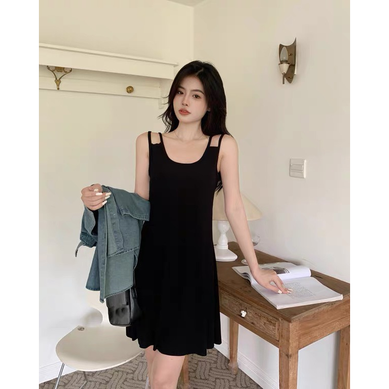 Váy hai dây dáng dài ngắn màu đen có bigsize ôm body sexy đầm 2 dây nữ chất liệu len tăm co giãn thoáng mát trẻ trung