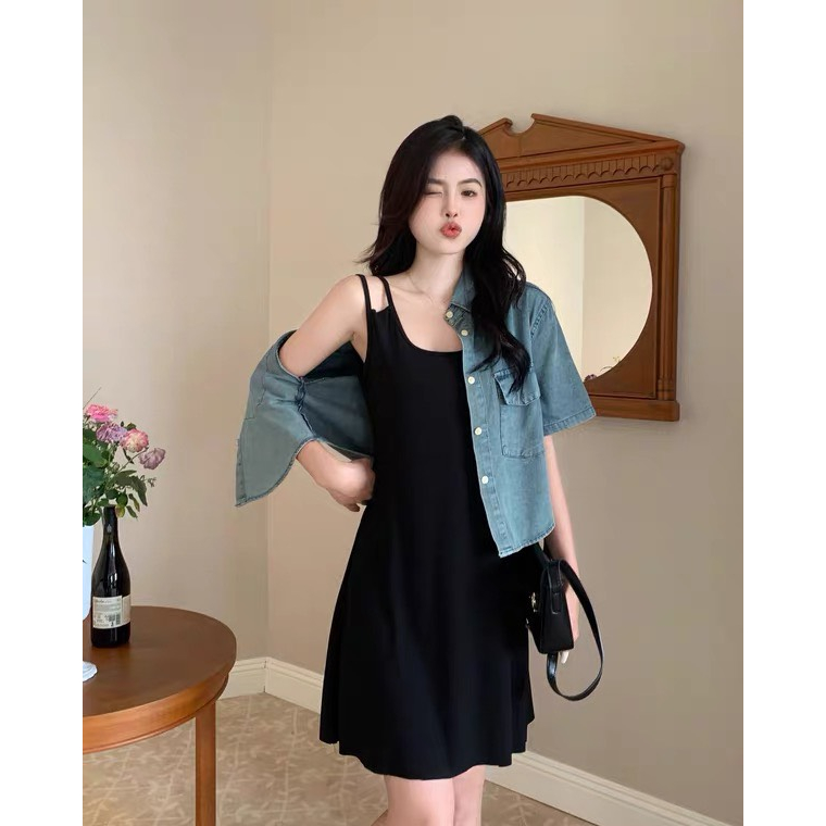 Váy hai dây dáng dài ngắn màu đen có bigsize ôm body sexy đầm 2 dây nữ chất liệu len tăm co giãn thoáng mát trẻ trung