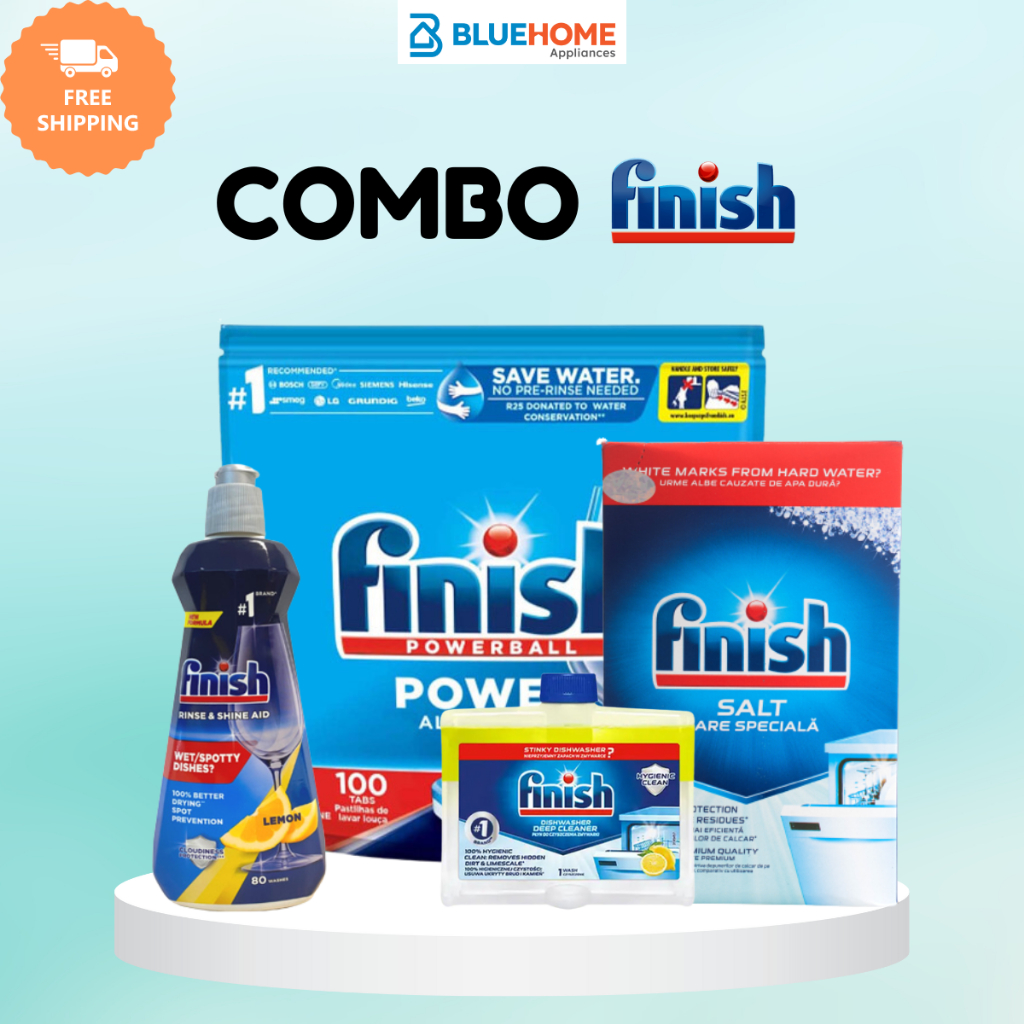 Combo Finish: Viên rửa bát All in 1 Max 100 viên + Muối 1.5kg + Bóng 400ml + Dung dịch vệ sinh 250ml