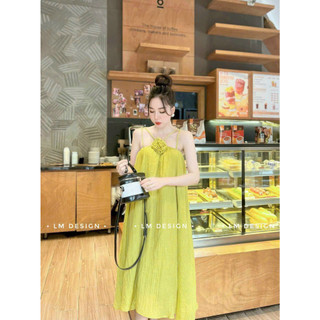 Đầm babydoll cổ yếm dây thắt tết from rộng dáng dài xòe kèm bông hoa ngực với toen màu hottrend mặc đi du lịch dạo biển