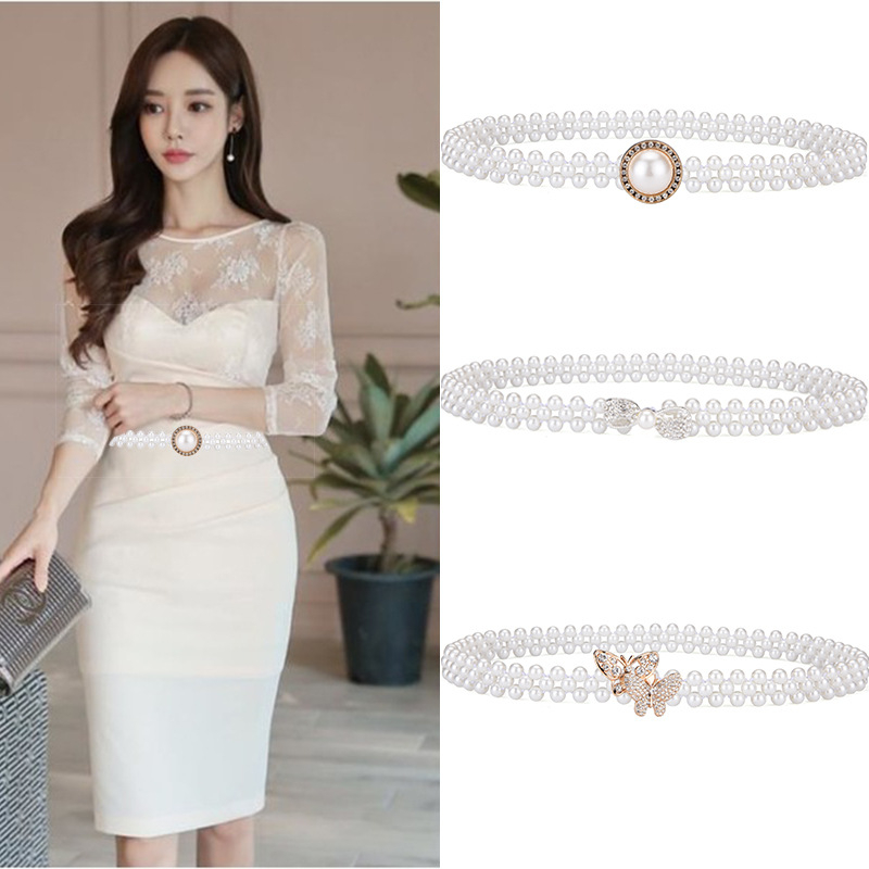 Thắt lưng nữ Dây nịt nữ Ngọc Trai nhân tạo màu trắng Cao Cấp mang Đầm Dây Eo Dây Chuyền dây cột tóc cài tóc Đa Năng