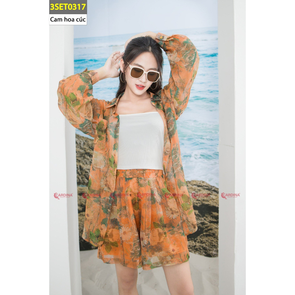 Sét Tơ Hoa 𝐂𝐀𝐑𝐃𝐈𝐍𝐀 Sơ Mi Quần Đùi Kèm Áo Hai Dây Cao Cấp 3SET03