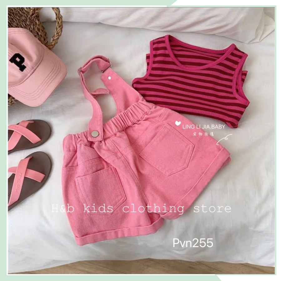 Set mùa hè bé gái, bộ yếm lệch kaki kèm áo thun tăm cho bé gái BBG74