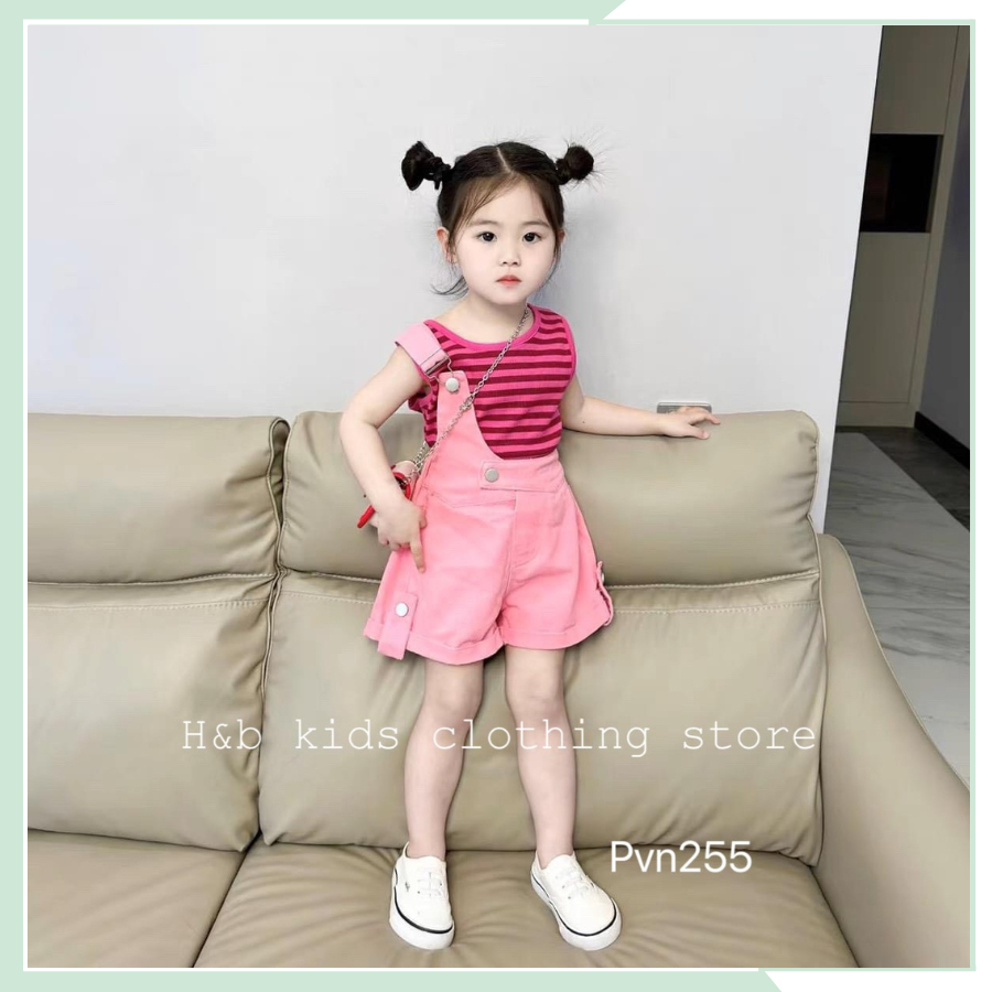 Set mùa hè bé gái, bộ yếm lệch kaki kèm áo thun tăm cho bé gái BBG74