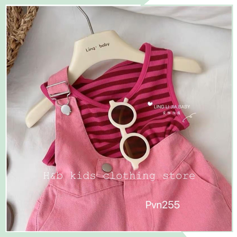 Set mùa hè bé gái, bộ yếm lệch kaki kèm áo thun tăm cho bé gái BBG74