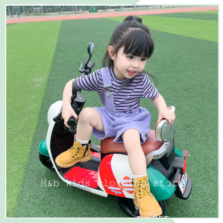 Set mùa hè bé gái, bộ yếm lệch kaki kèm áo thun tăm cho bé gái BBG74