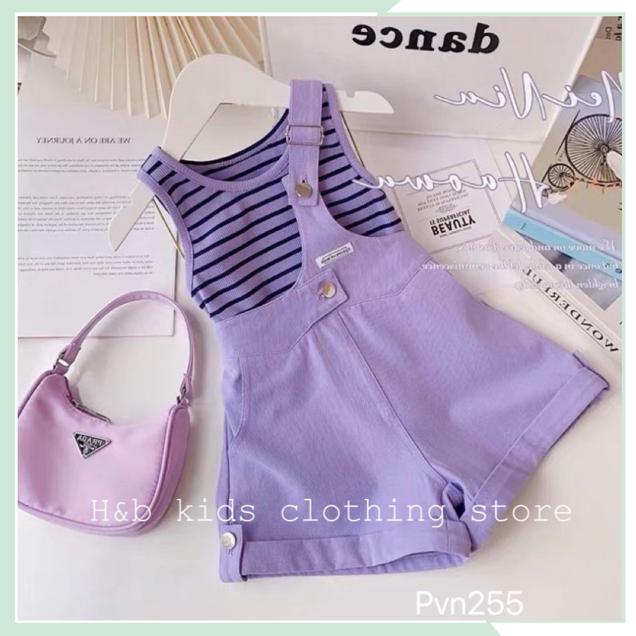 Set mùa hè bé gái, bộ yếm lệch kaki kèm áo thun tăm cho bé gái BBG74