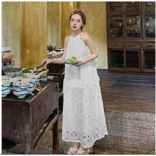 ĐẦM SUÔNG REN CỔ YẾM DÁNG DÀI (ẢNH THẬT)