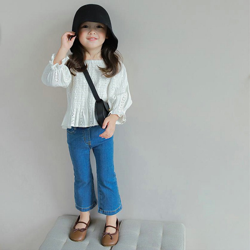 Quần jean xanh ống loe co dãn cho bé gái 11-20 ký