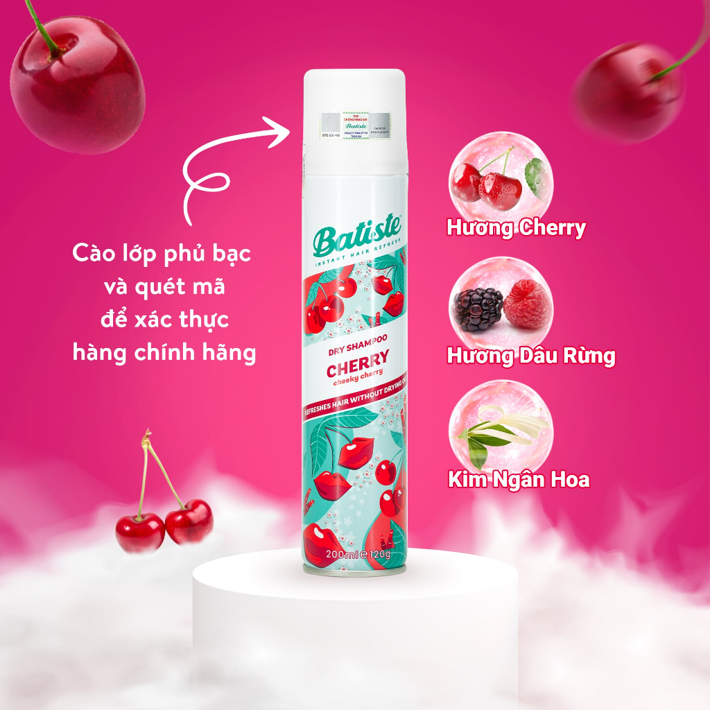 Dầu Gội Khô Batiste Hương Anh Đào Danh Cho Da Đầu Hay Bếp- Batiste Dry Shampoo Fruity & Cheeky Cherry 200ml