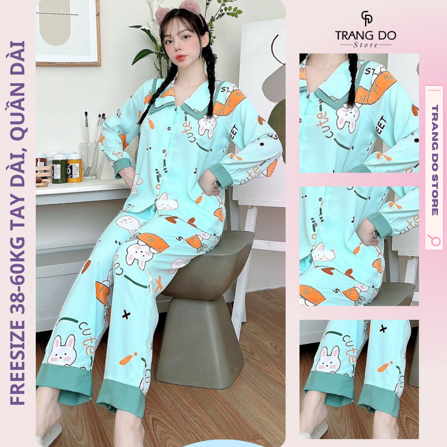 Đồ Bộ Nữ Pijama Lụa 38-60kg Hàng Loại 1 Bộ Ngủ, Mặc Nhà Tay Dài Quần Dài Kiểu Dáng Tiểu Thư Siêu Dễ Thương - Trang Đỗ