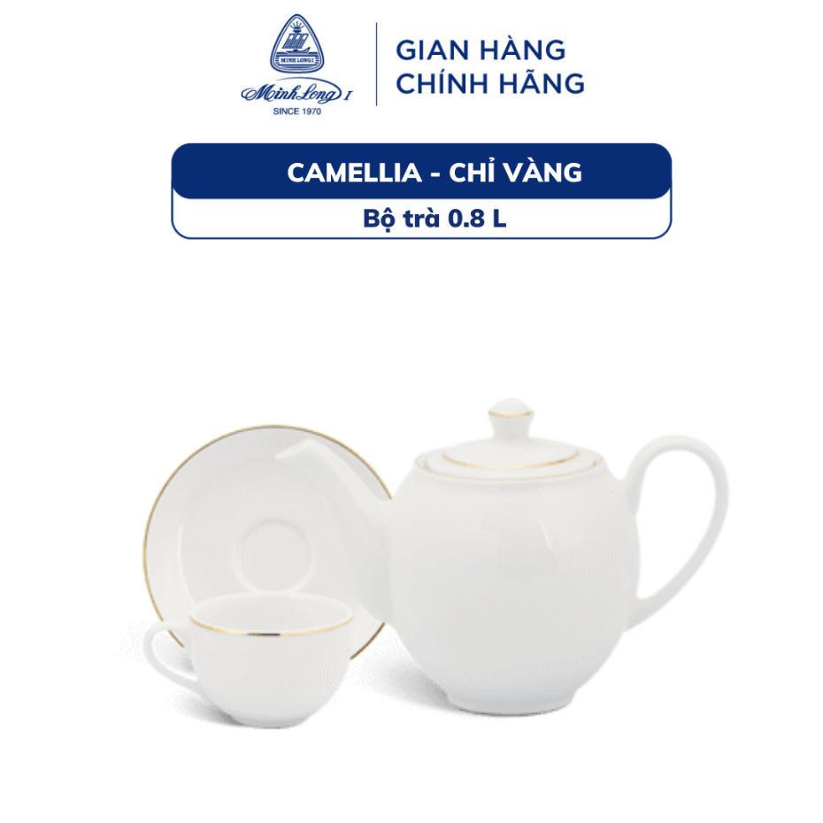 [Mã BMLT100 giảm đến 100K đơn 499K] Bộ Ấm Trà Sứ Minh Long 0.8 L - Camellia - Chỉ Vàng