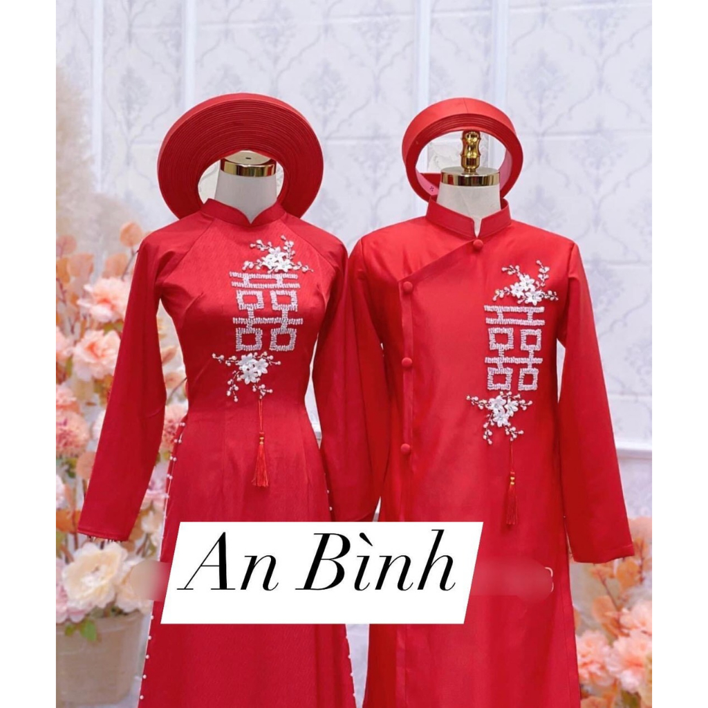 Tấm song hỷ màu đỏ trang trí áo dài