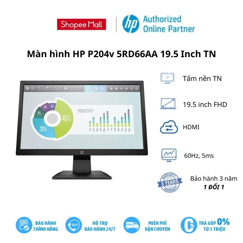 Màn hình vi tính HP P204v,19.5-inch Monitor,3Y WTY_5RD66AA - Hàng Chính Hãng