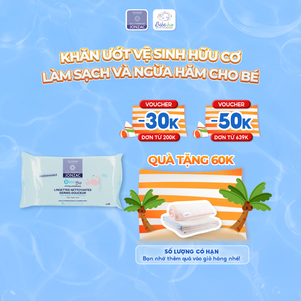 Khăn Ướt Hữu Cơ Làm Sạch Dịu Nhẹ Cho Bé 40 Tờ Eau Thermale Jonzac Bébé Bio Gentle Biodegradable Cleansing Wipes