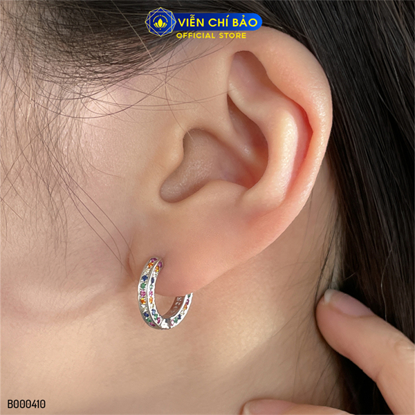 Bông tai bạc nữ tròn đính đá cầu vồng chất liệu bạc 925 thời trang phụ kiện trang sức Viễn Chí Bảo B000410