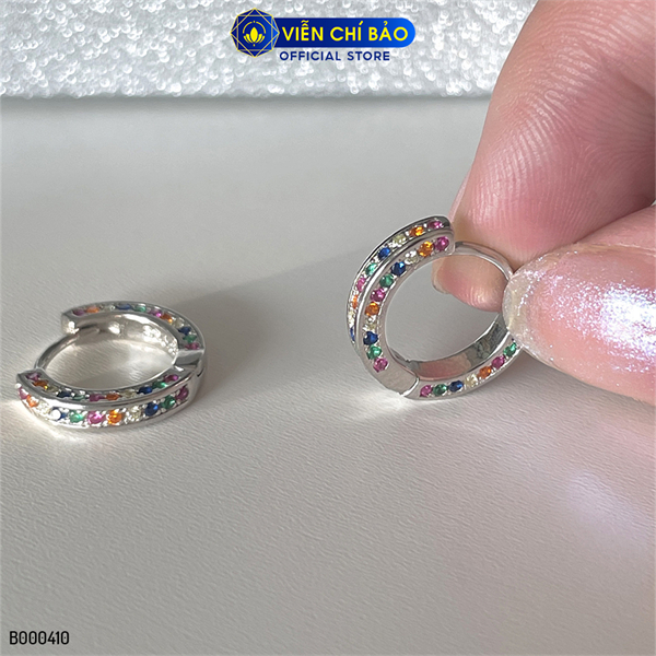 Bông tai bạc nữ tròn đính đá cầu vồng chất liệu bạc 925 thời trang phụ kiện trang sức Viễn Chí Bảo B000410