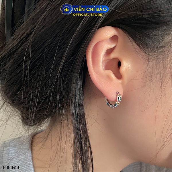 Bông tai bạc nữ tròn đính đá cầu vồng chất liệu bạc 925 thời trang phụ kiện trang sức Viễn Chí Bảo B000410