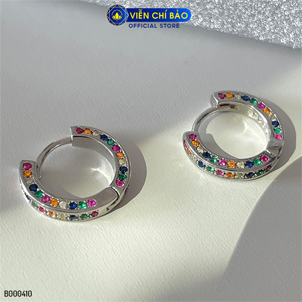 Bông tai bạc nữ tròn đính đá cầu vồng chất liệu bạc 925 thời trang phụ kiện trang sức Viễn Chí Bảo B000410