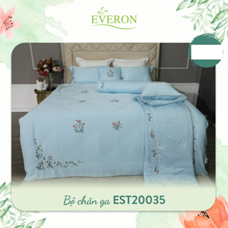 Everon drap ga phủ, bộ chăn ga gối màu xanh thêu hoa nhí chất liệu 100% Tencel  giảm giá EST 20035