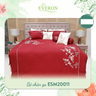 Everon drap ga phủ, bộ chăn ga gối màu đỏ thêu hoa lá Modal sồi giảm giá ESM 20011