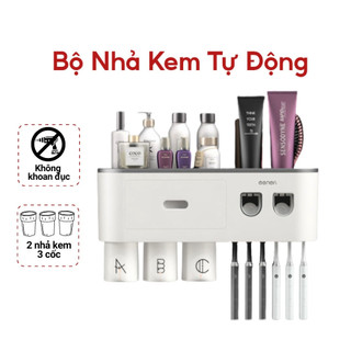 Bộ Nhả Kem Đánh Răng Tự Động , Kệ Để Bàn Chải Đánh Răng Oenon (Tặng Kèm Miếng Dán)