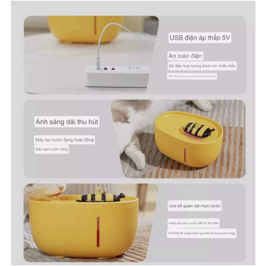 Máy lọc và phun nước tự động cho chó mèo - hình con ong vàng chăm chỉ