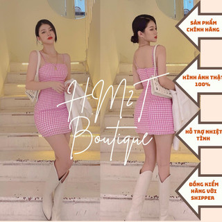 Yoona Auth &HM2T -Đầm 2 dây gingham caro nhí cute hồng tím
