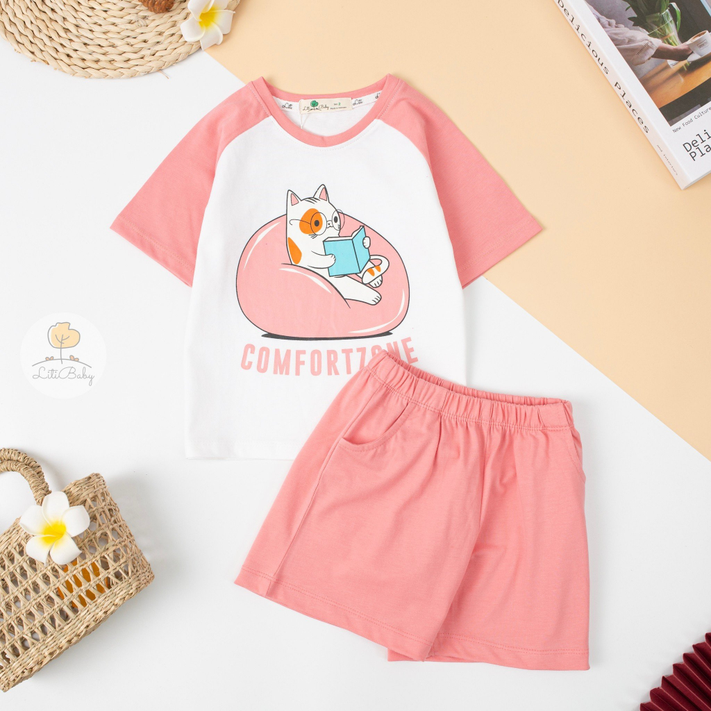 Bộ thun cộc tay cho bé gái 10-23kg hãng LITIBABY . Chất cotton siêu mềm mát