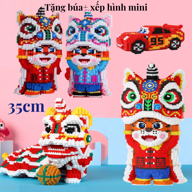 Đồ Chơi mô hình lắp ráp bộ 2 hổ múa lân bearbrick Tặng búa + lật đật , quà tặng sinh nhật