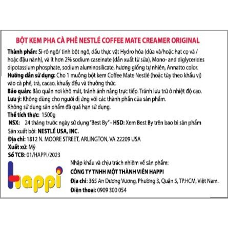 Bột kem pha cafe Nestlé Coffee Mate Original Mỹ 1,5kg - Happi