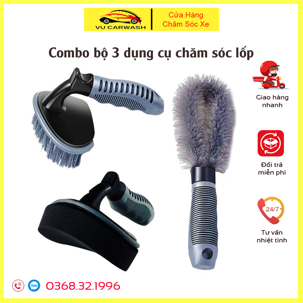 Combo Bộ 3 Dụng Cụ Chăm Sóc Lốp Ô tô, Xe Máy - Bàn Chải Cọ Lốp, Cọ Lazang, Đánh Bóng Lốp Xe Tiện Dụng