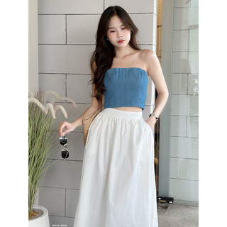 Áo denim crop - cúp ngực - nhún sau