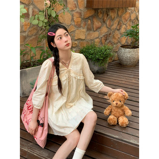 Đầm nữ hoa dài tay cổ V thắt nơ phối ren