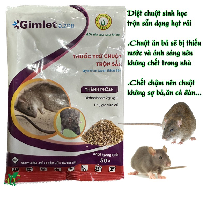 Thuốc Diệt Chuột Trộn Sẵn Gimlet 0.2B, Sinh Học Thế hệ Mới Dạng Hạt Thóc Gói 50g