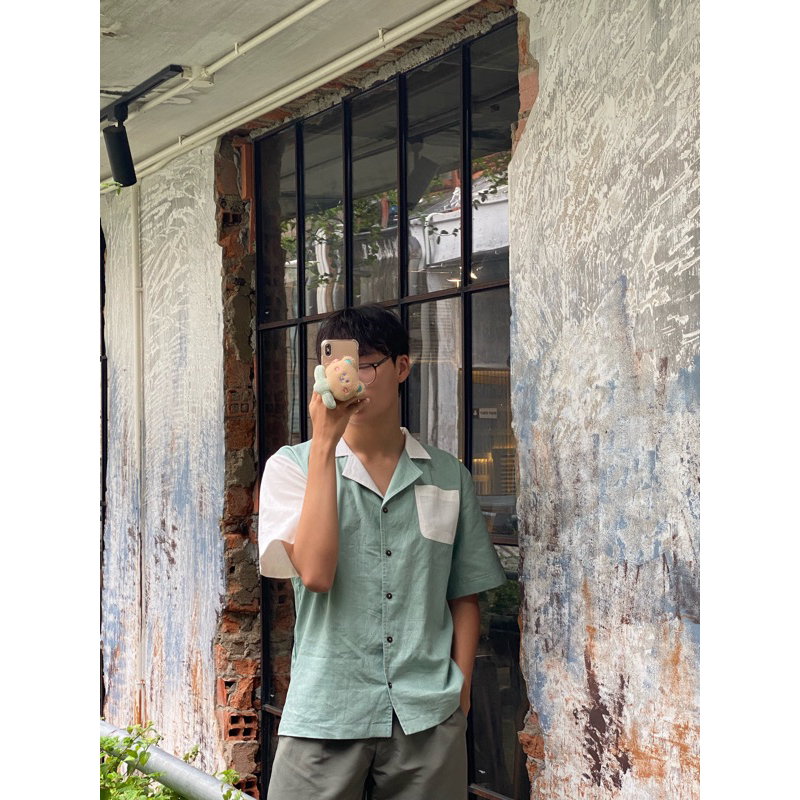 75s - Áo cổ Pỵjama phối màu xanh mint và trắng