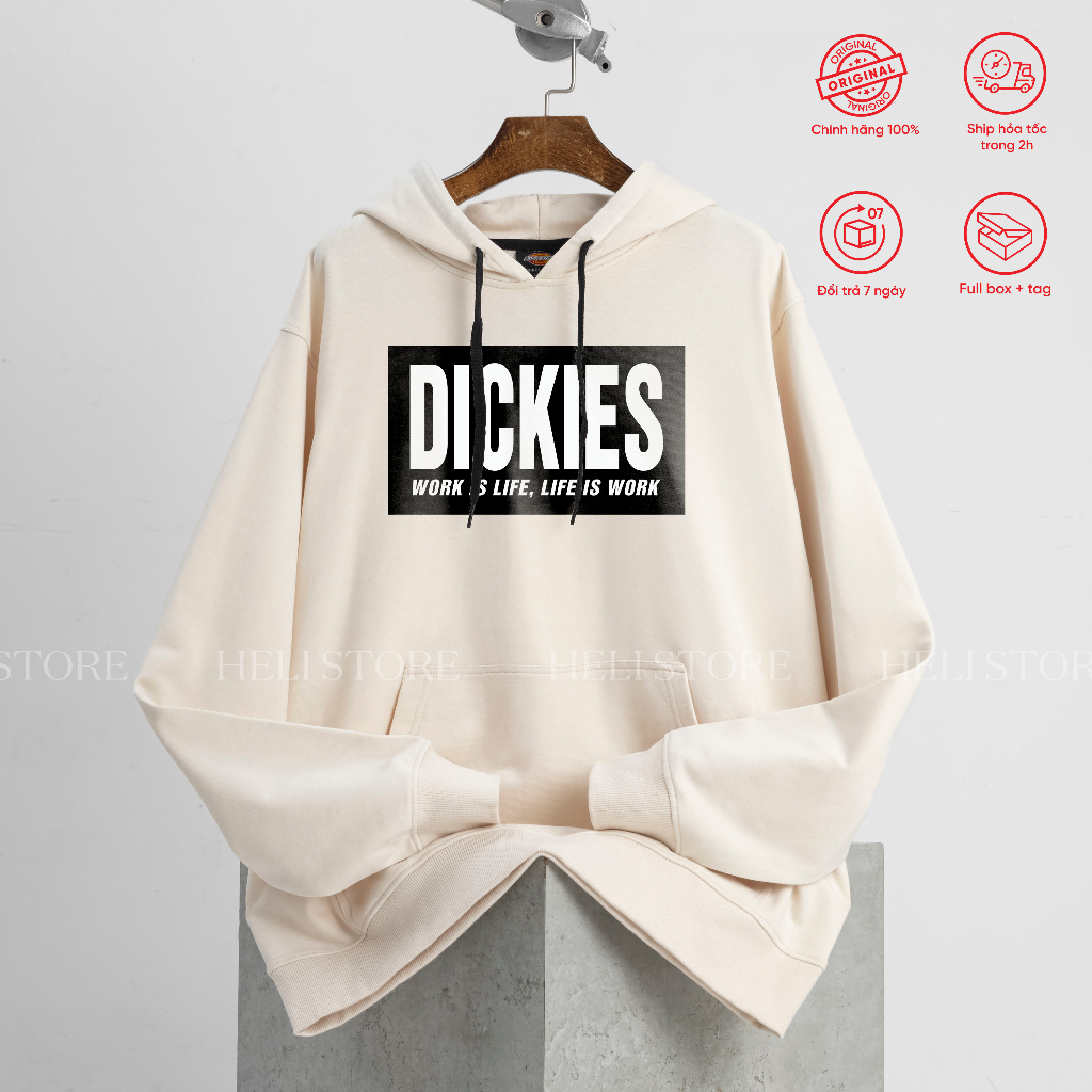 Áo hoodie Màu Kem Dickies nam nữ unisex form rộng basic in ngực chính hãng - Helistore