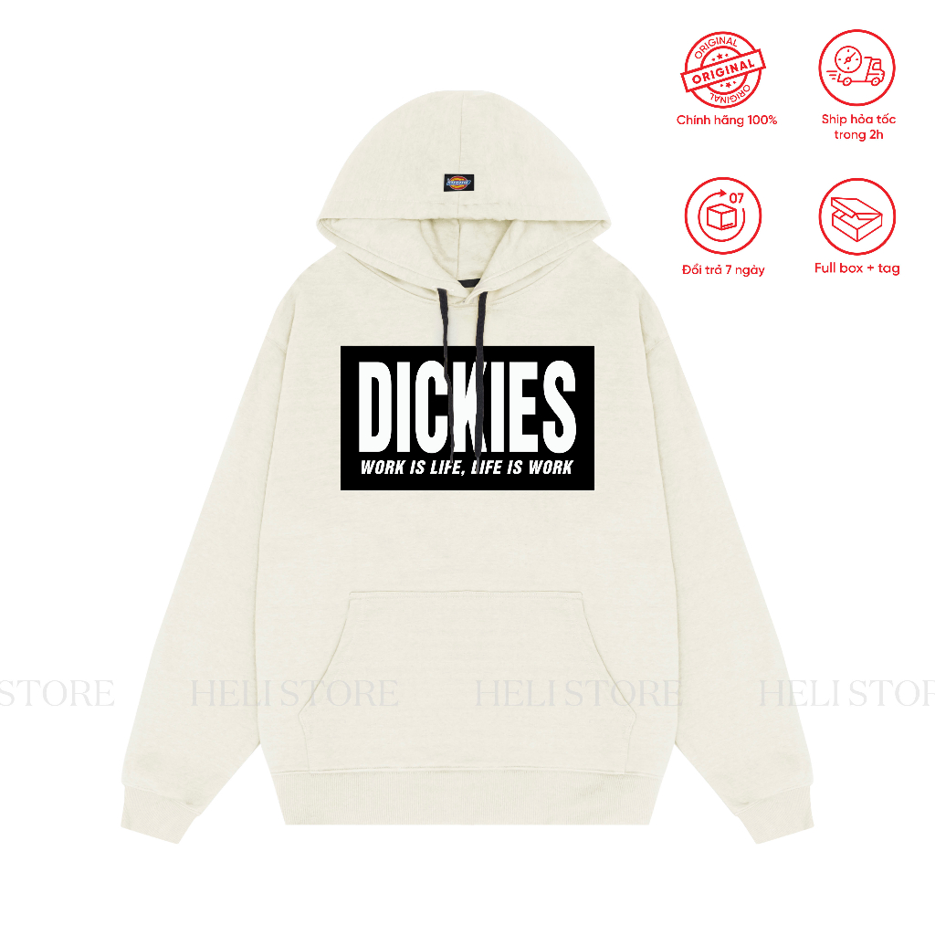 Áo hoodie Màu Kem Dickies nam nữ unisex form rộng basic in ngực chính hãng - Helistore