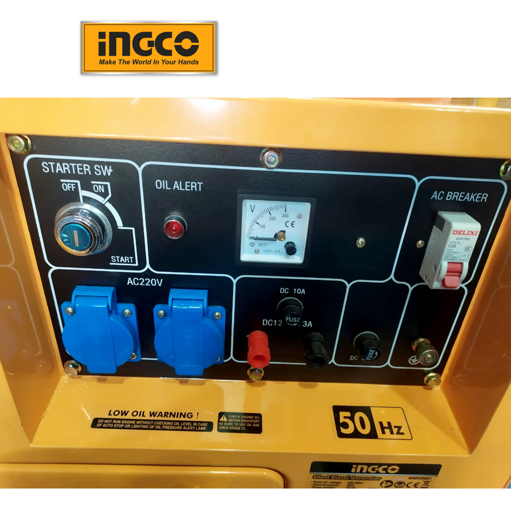 Máy phát điện chạy dầu Diesel 5kva chống ồn INGCO GSE50001 100% dây đồng, 17L, ắc quy 30AH không cần bảo dưỡng (đề điện)