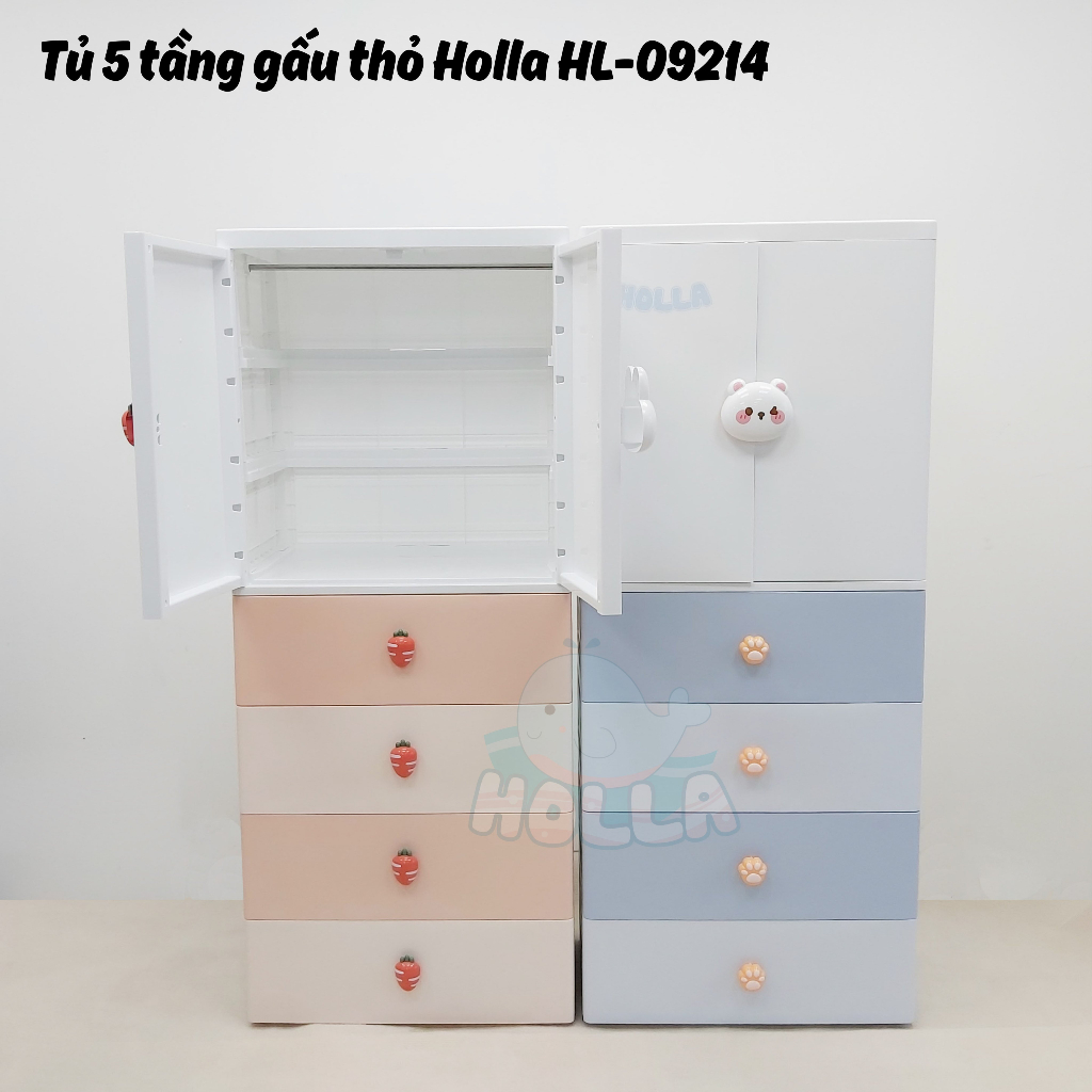 Tủ nhựa 5 tầng holla gấu thỏ - HL 09214 mẫu mới nhất 2023 với chất liệu PP cao cấp giúp không gian phòng ngắn nắp và gọn