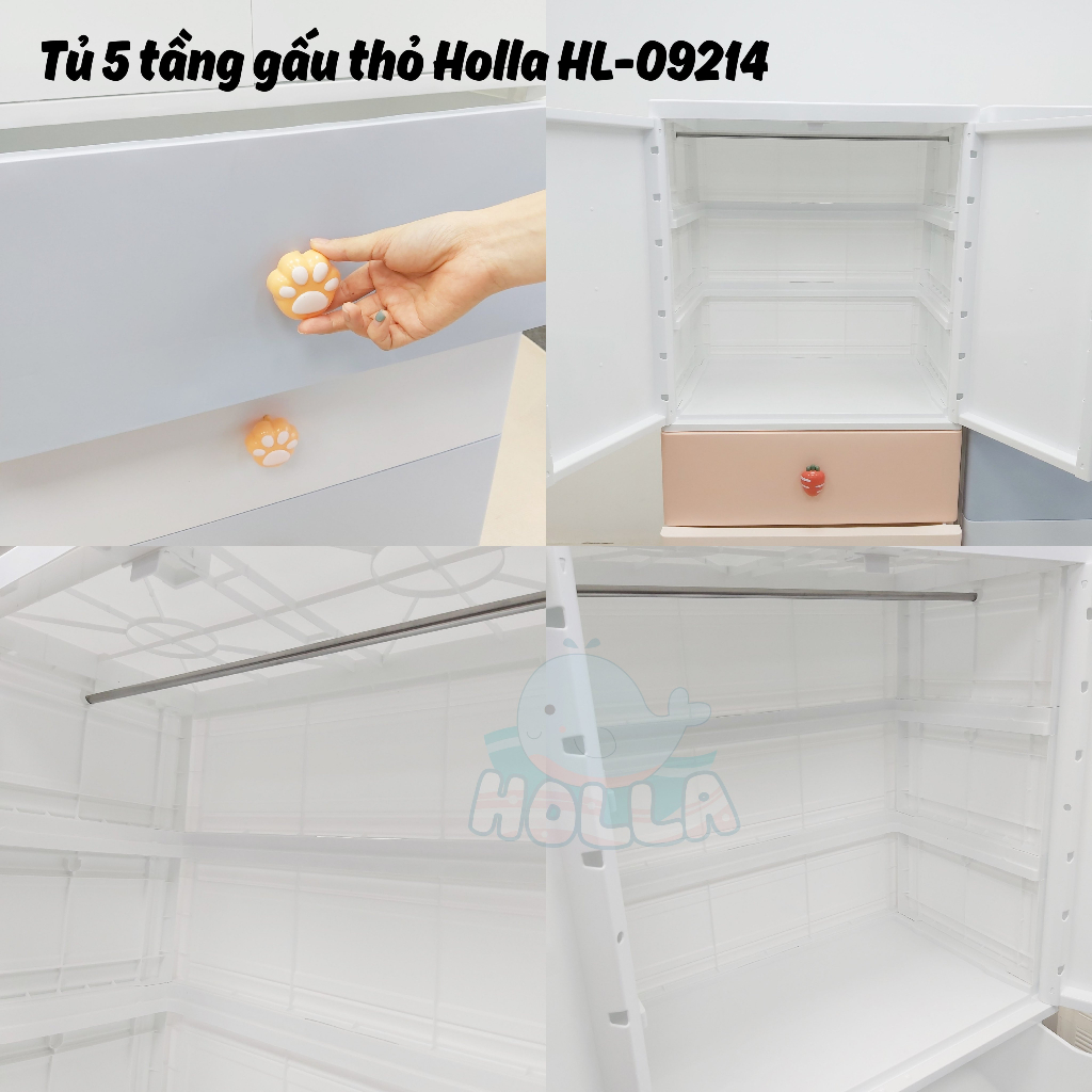Tủ nhựa 5 tầng holla gấu thỏ - HL 09214 mẫu mới nhất 2023 với chất liệu PP cao cấp giúp không gian phòng ngắn nắp và gọn