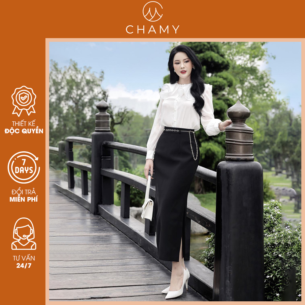 Chân váy Mei Skirt dài xẻ tà phong cách công sở thanh lịch chất vải chéo Hàn cao cấp thiết kế CHAMY