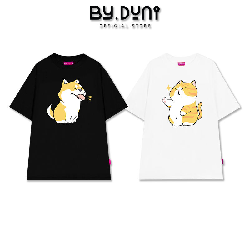 Áo thun cặp đôi nam nữ form rộng Local Brand tay lỡ unisex, áo cặp bạn thân vải cotton By.Duni mẫu CHÓ MÈO TRÊU FULL BOX