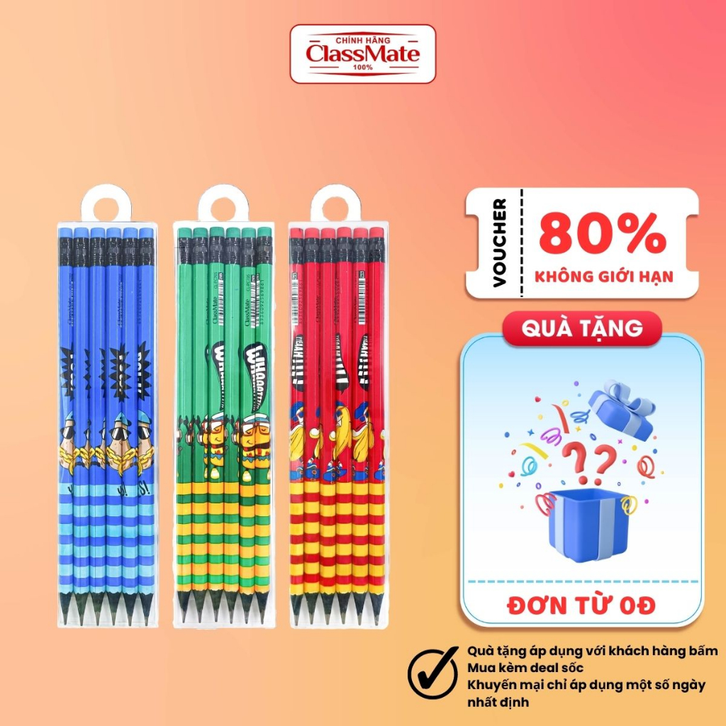 Vỉ 6 Chiếc Bút Chì Gỗ Cao Cấp Có Tẩy CLASSMATE Ngòi 2B, Nét Bút Mịn Chì Mềm, Dùng Cho Bé Tập Viết CL-PC705