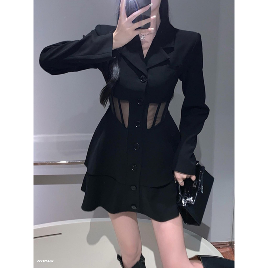 Đầm sơ mi dáng xòe, tay dài, cổ sơ mi