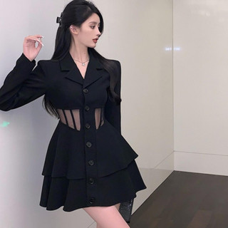 Đầm sơ mi dáng xòe, tay dài, cổ sơ mi