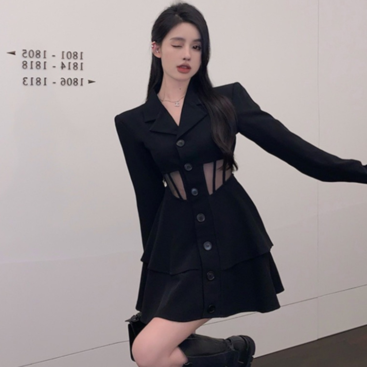 Đầm sơ mi dáng xòe, tay dài, cổ sơ mi