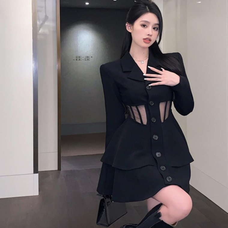 Đầm sơ mi dáng xòe, tay dài, cổ sơ mi