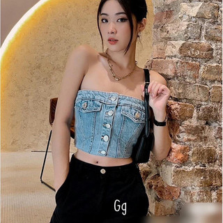 Áo ống jean 2 nắp túi phối nút